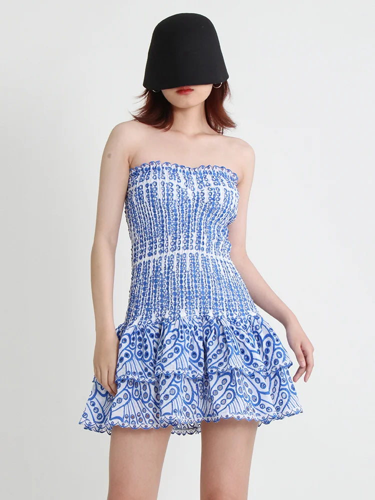 Cut Out Layered Hem Sexy Dress For Women Strapless Sleeveless Off Shoulder High Waist Mini Dresses Female Clothing