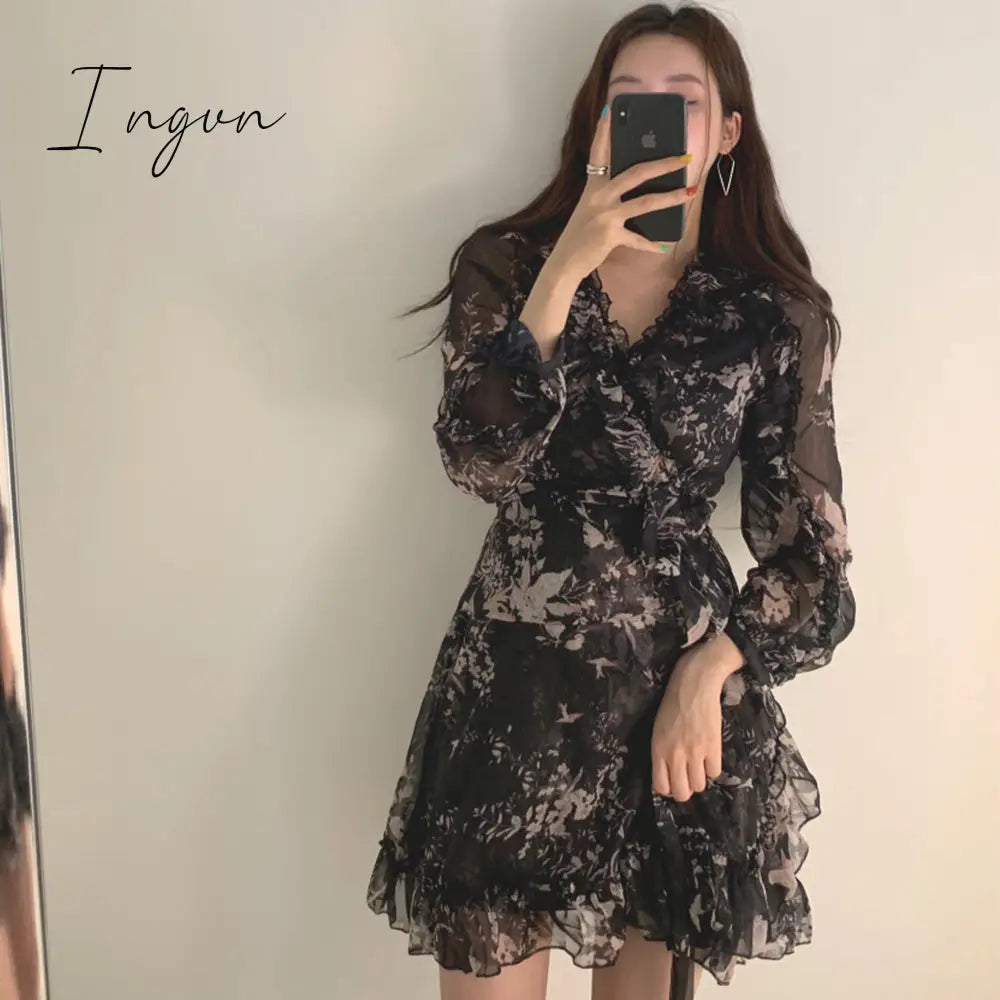 Ingvn - Women Mini Dress Spring New V-neck Floral Chiffon Dress High Waist Flare Sleeve Female Dress Woman's Dress KarolyiDora KA88