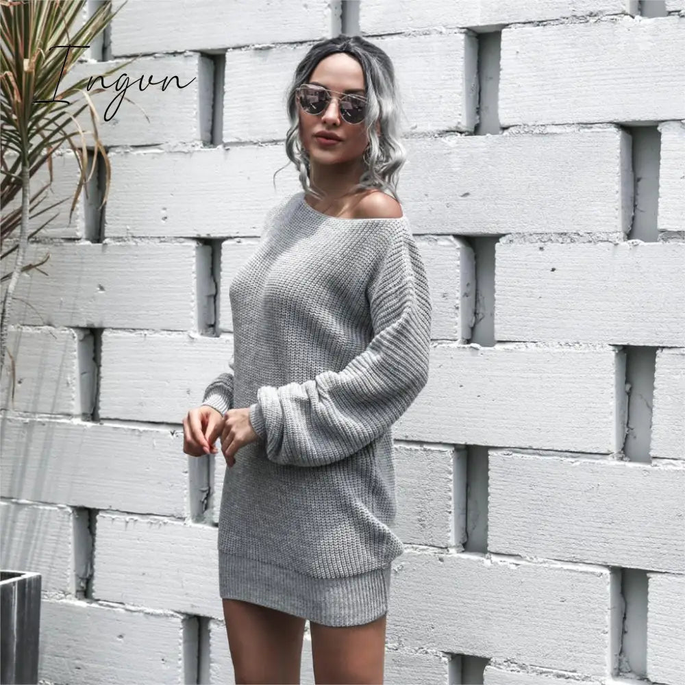 Ingvn - The hottest ladies casual off-shoulder lantern sleeve knitted sweater dress