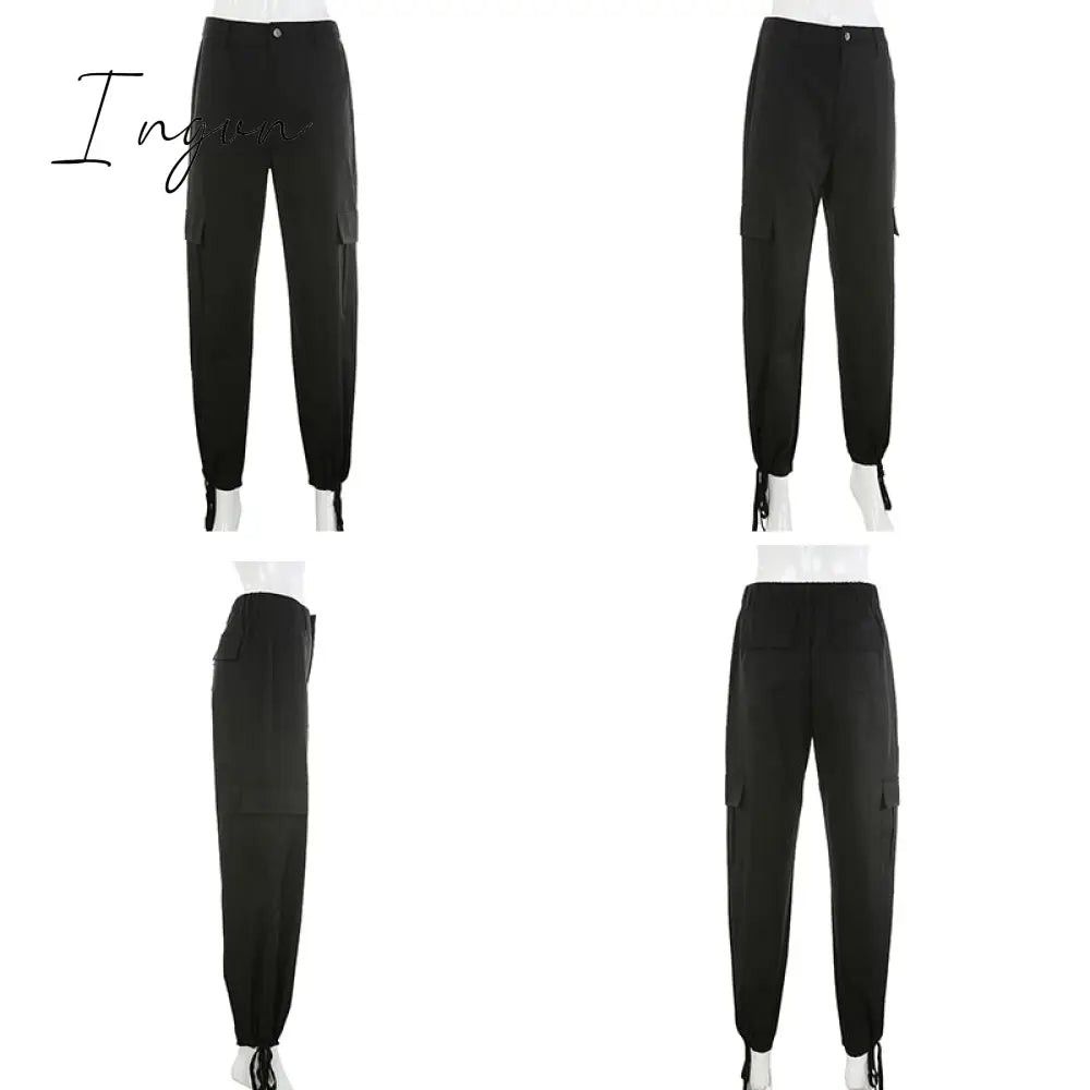 Ingvn - Button Pockets Patchwork Cargo Pants Women Streetwear High Waist Trousers Women Fashion Pencil Pants Joggers Women