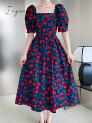 Ingvn - 2023 Trends Dress Rose Print Square Neck Long Dress Summer Mid Length Sweet elegant casual
