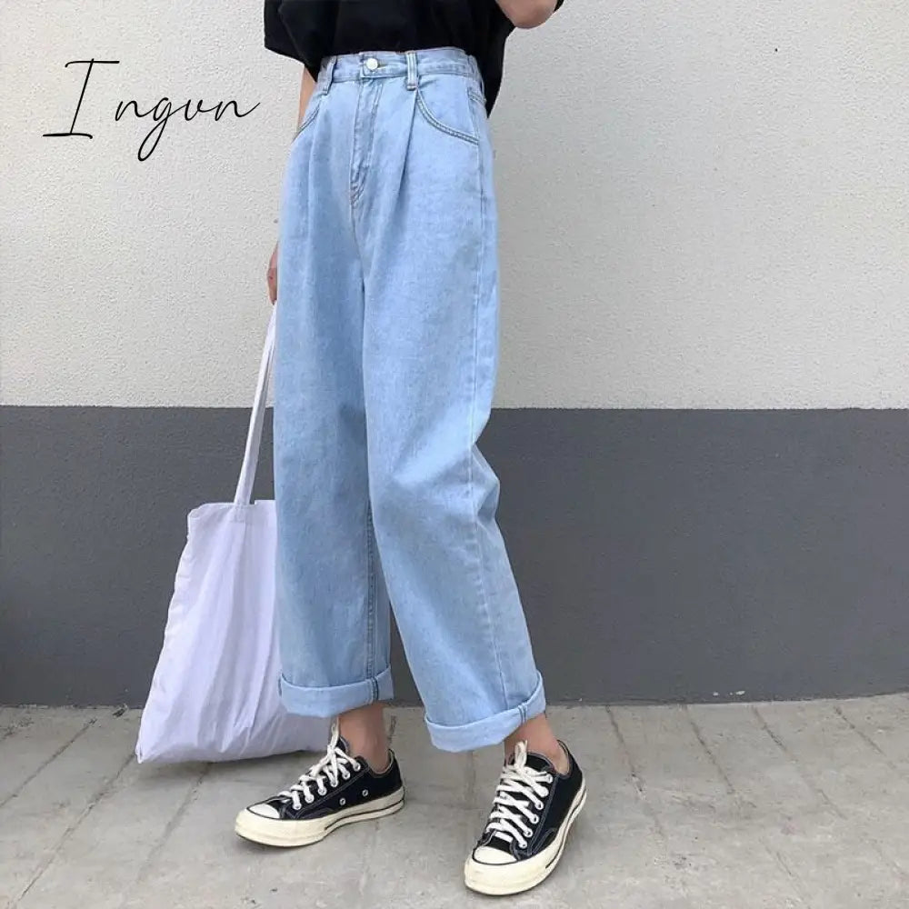 Ingvn - Korean Loose Daisy Jeans Women Fashion New High Waist Straight Denim Pants Maxi Wide-leg Cropped Trousers Female S-5XL