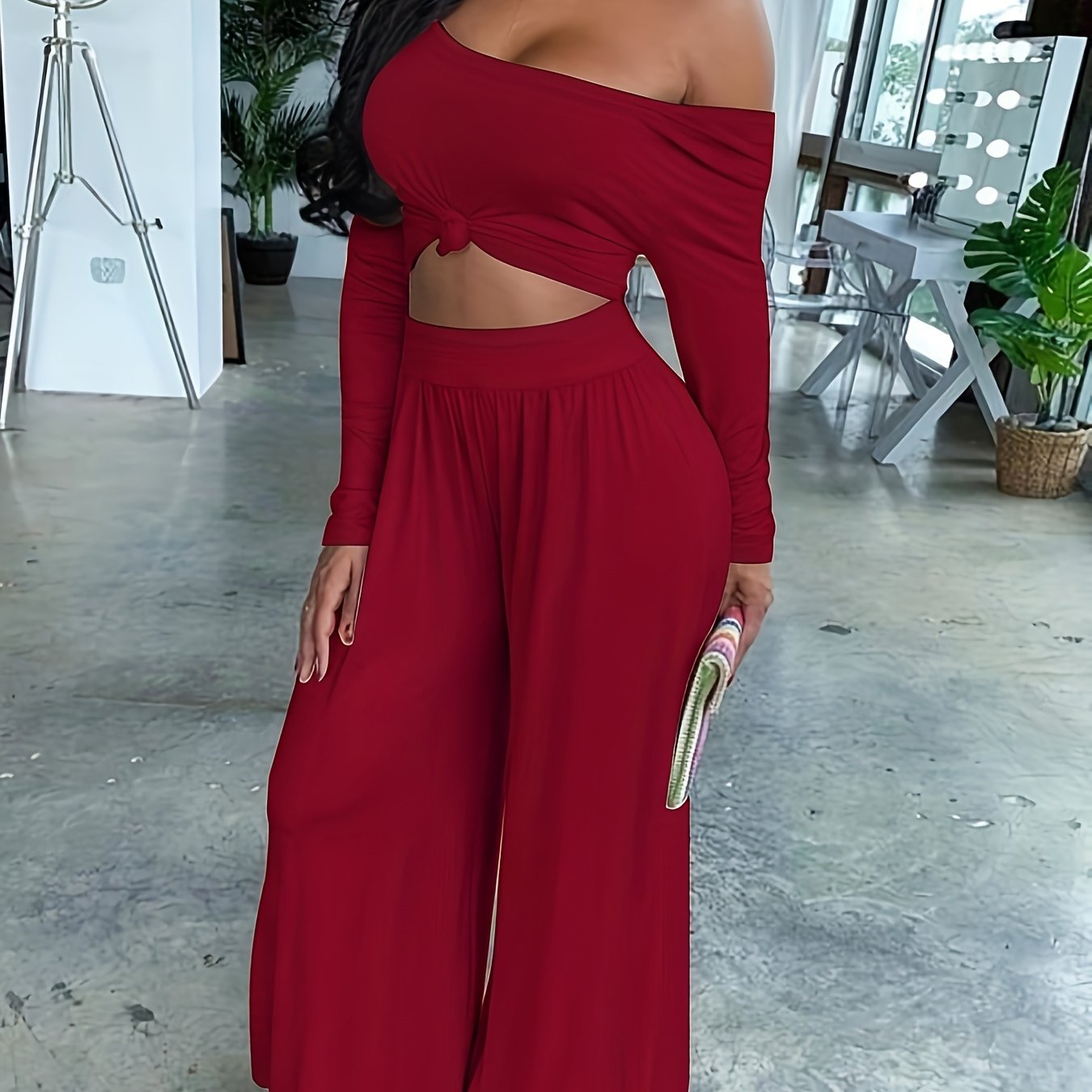 Long Sleeve Two-piece Set, Casual Solid Crop Top & Wide Leg Pants Outfits, Women's Clothing
