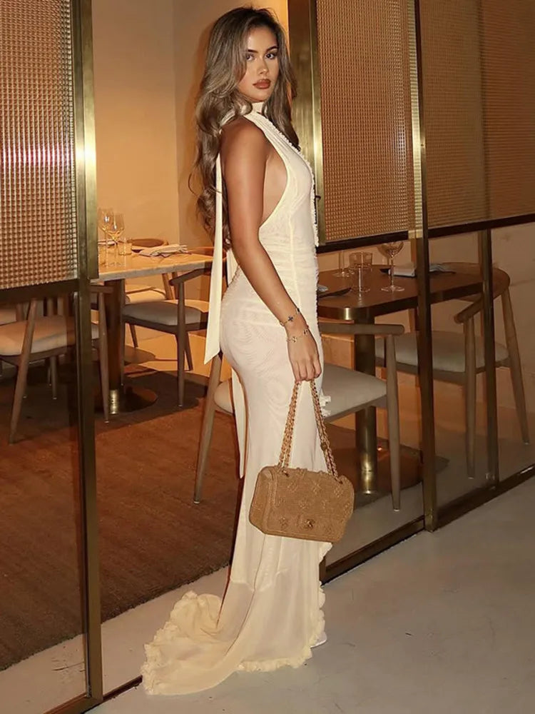 Halter Hollow Out Sexy Maxi Dress Women Gown Fashion Elegant Sleeveless Backless Bodycon Ruffle Club Party Dress New