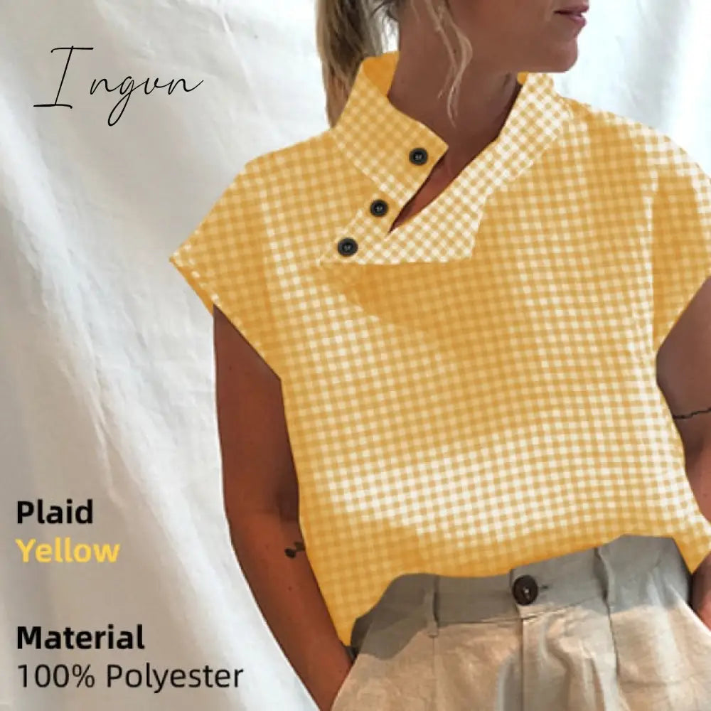 Ingvn - New Stylish Tunic Tops Plus Size Women Short Sleeve Summer Blouses Buttons Solid Cotton Linen Tops Casual Loose Blusas Femme