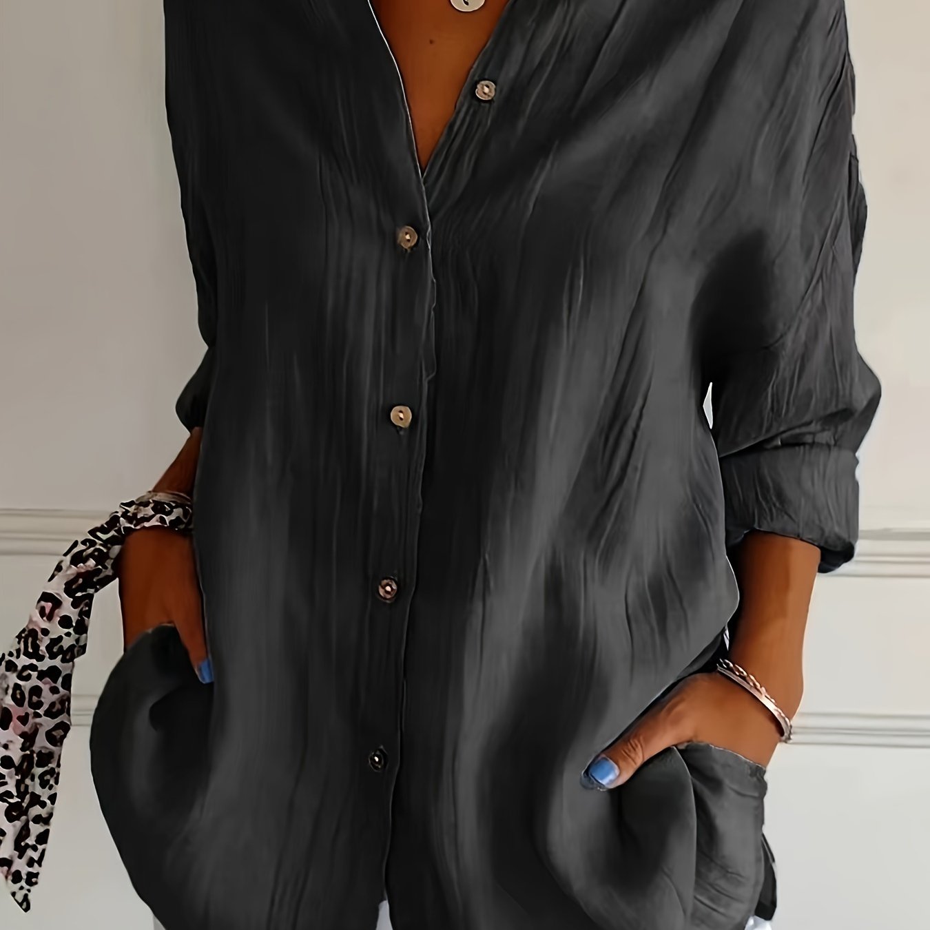 Women's Casual Solid Color Button Up Shirt - Long Sleeve, Loose Collared, Perfect for Spring and Fall, Relaxed Fit, Easy to Wear, Versatile and Timeless