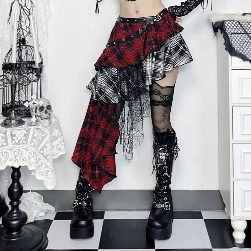 Gothic Irregular Hot Girl Plaid Skirt Women Summer Sweet Street Lace Stitching Multi-Layer Skirt American Y2k Skirt