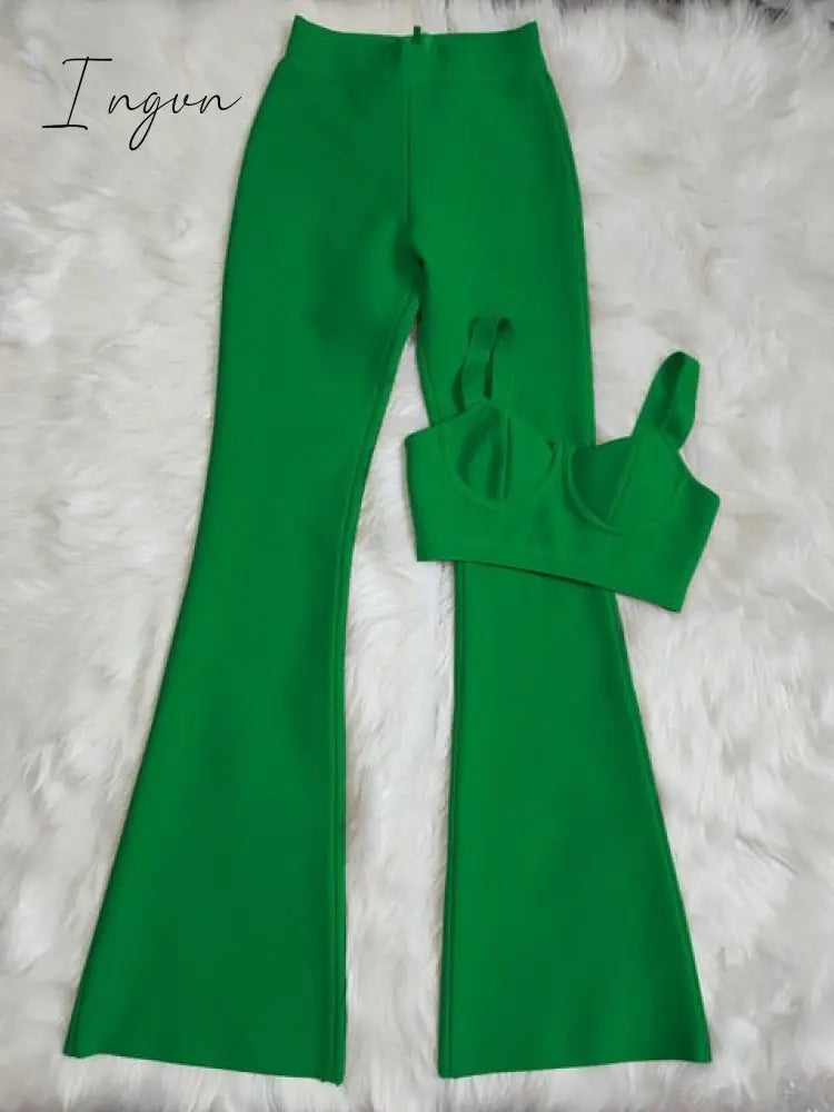 Ingvn - Set 2 Pieces Strap Sleeveless Bustiers And Long Bell-Bottoms Trousers Sexy Celebrity Party Sheath Vestidos  Dobanmbd