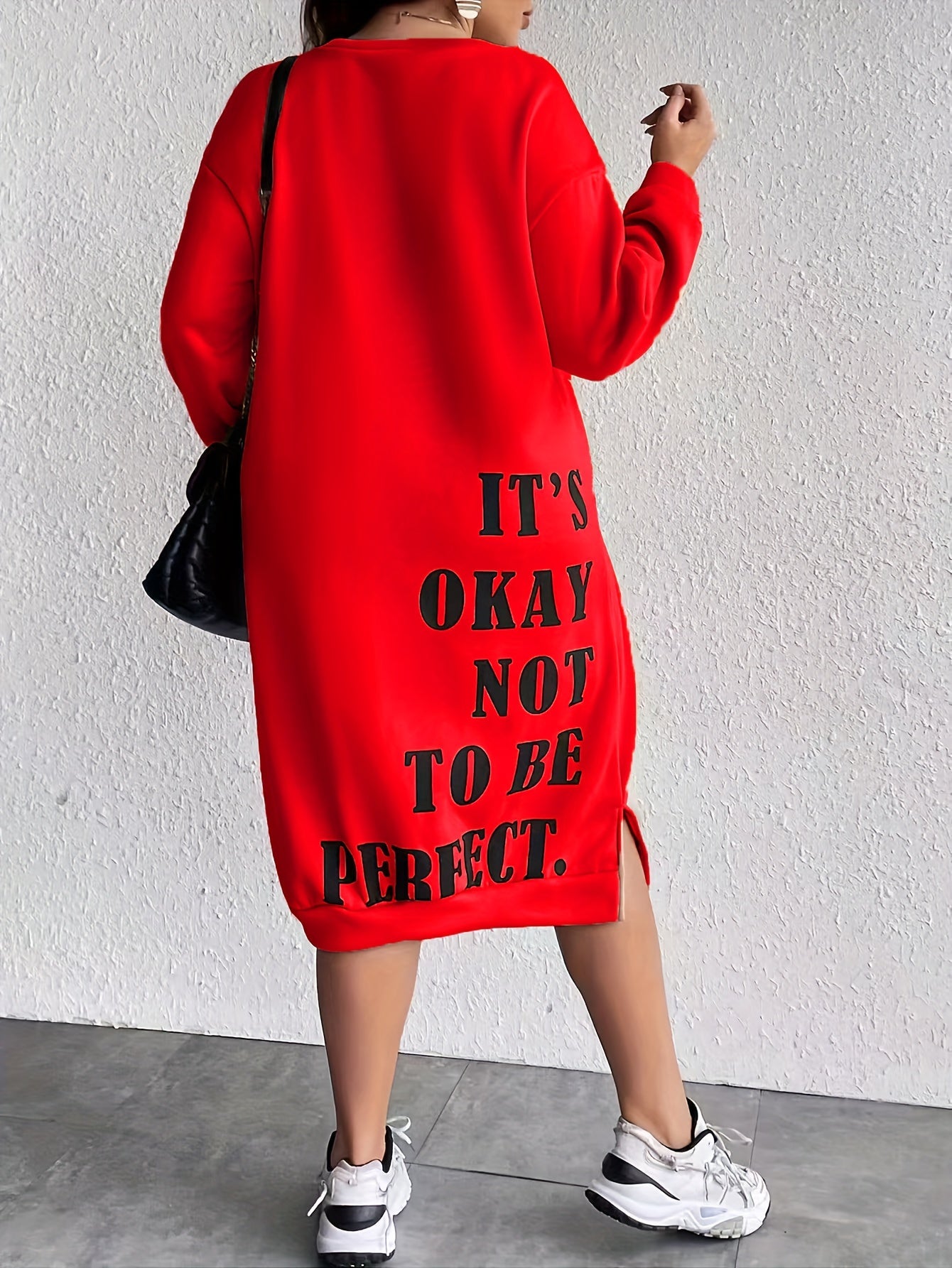 Midi Plus Size Casual Slogan Print Long Sleeve Round Neck Trapeze Sweatshirt Dress - Soft Medium Stretch Polyester Fabric, Loose Fit, Pullover Style, Machine Washable - Weekend Casual Wear for Fall Season