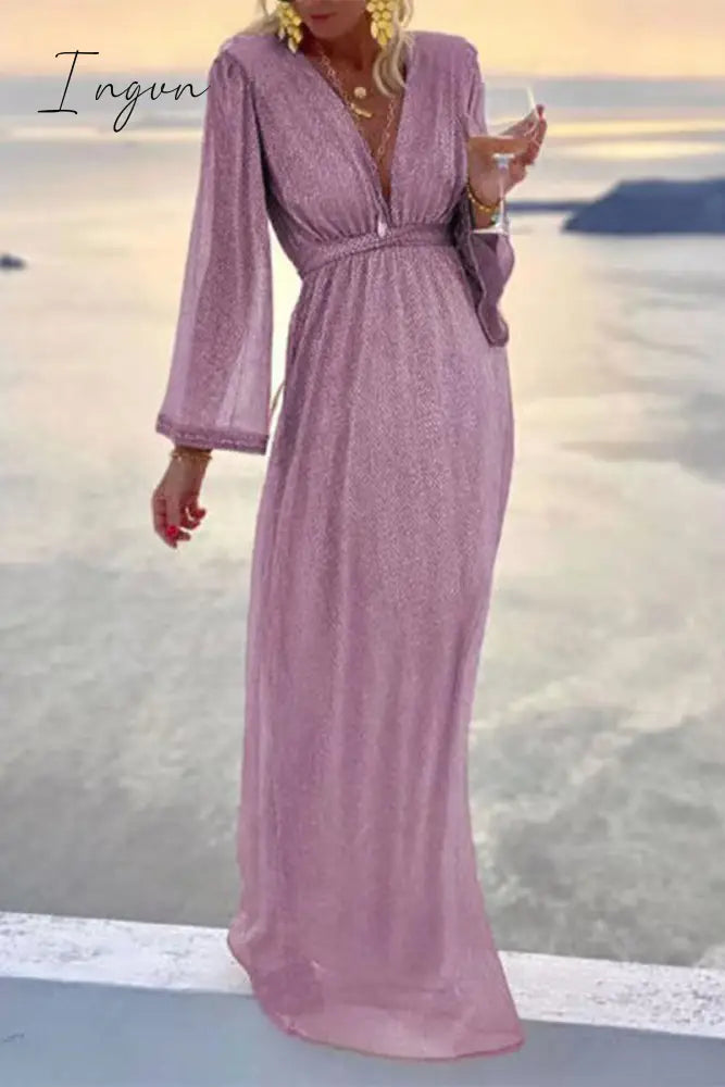 Ingvn - Fashion Elegant Solid Patchwork Fold V Neck Evening Dress Dresses(4 Colors)
