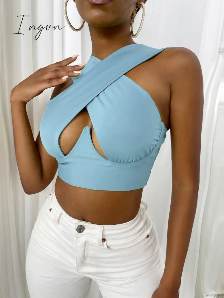 Ingvn - Women's Criss Cross Tank Tops Sexy Sleeveless Solid Color Cutout Front Crop Tops Party Club Streetwear Summer Lady Bustier Tops