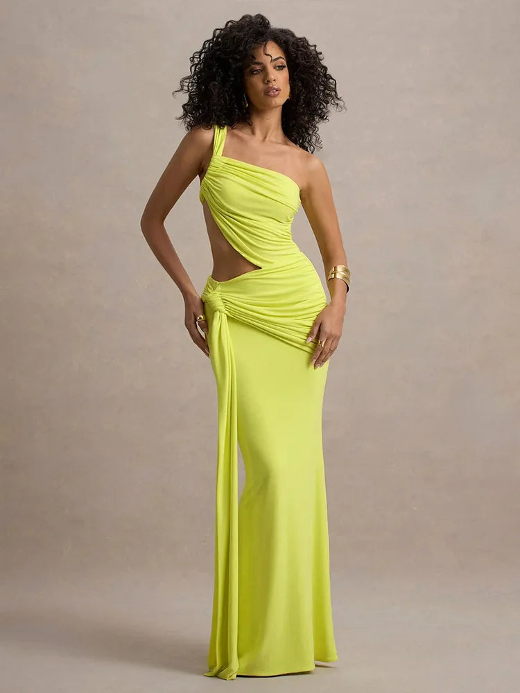 Irregular Ruched Sexy Maxi Dress For Women Gown Hollow Out One Shoulder Sleevelessdraped Bodycon Club Party Long Dress