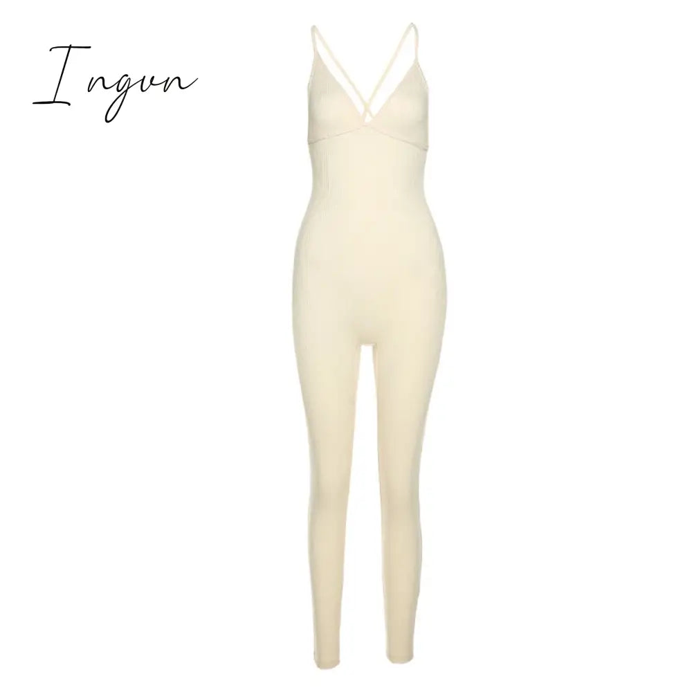 Ingvn - v-neck skinny sexy jumpsuit women summer hollow out partywear halter sleeveless streetwear outfit fitness backless