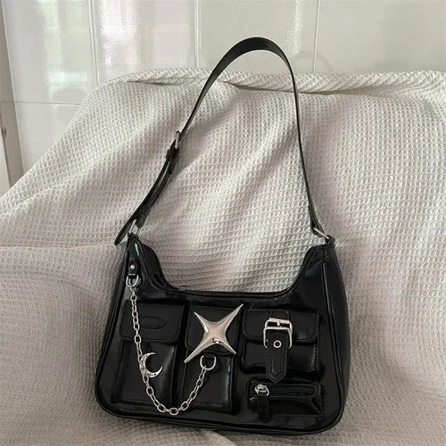 Ingvn  Y2k Womens Shoulder Bag Harajuku Fashion Gothic Casual Black Chains Handbag Hot Girls Pu Leather Ladies Motorcycle Bag Sac