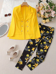 Two-piece Set, Solid Long Sleeve Blazer & Floral Print Wide Leg Pants, Elegant Stylish Women's Clothing Outfits