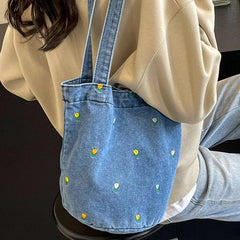 Ingvn  Large Capacity Women's Shoulder Bucket Bag Soft Denim Female Reusable Shopping Bags Embroidery Flower Ladies Tote Purse Handbag