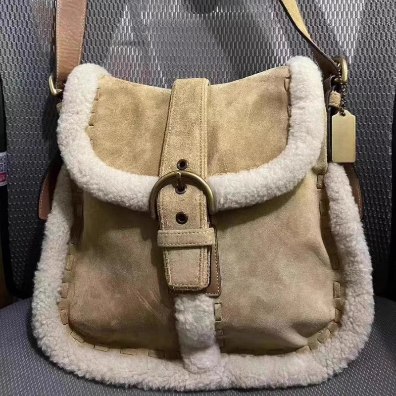 INGVN  Luxury Design Patchwork Fluffy Crossbody Bag Casual Women Vintage Trendy Handbags Streetwear Fashion Y2k Aesthetic Shoulder Bags