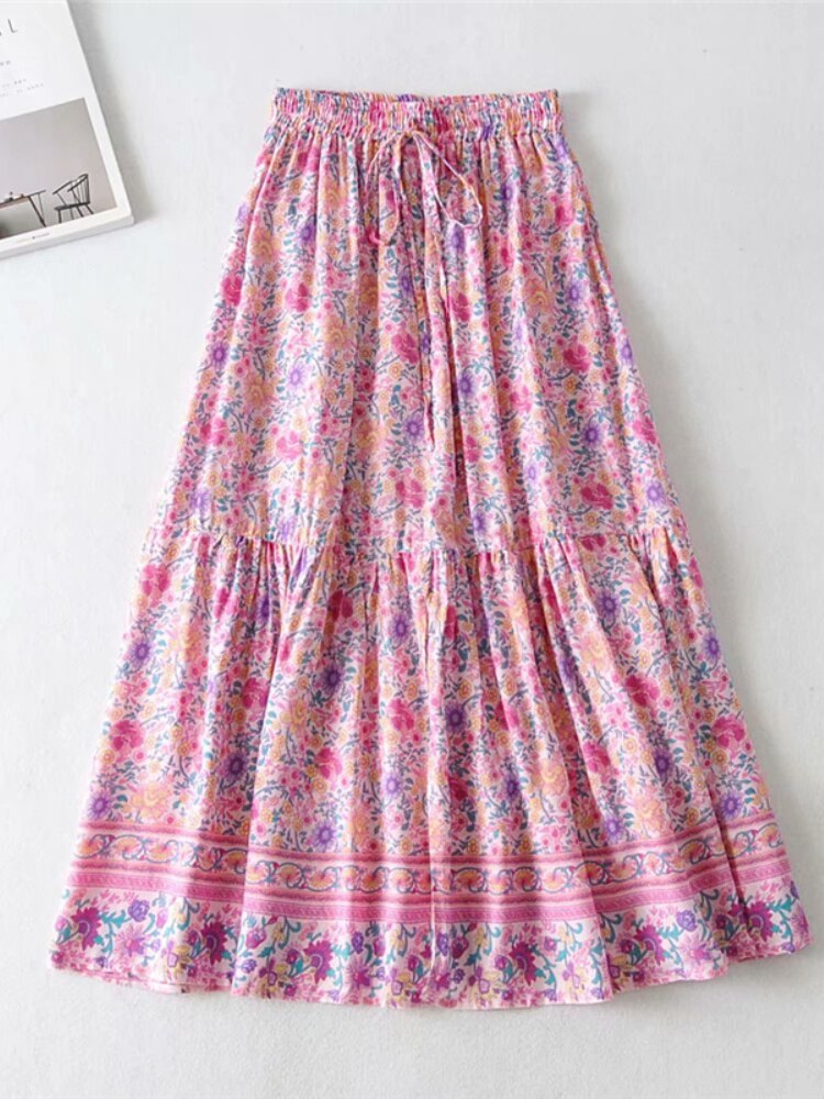 Vintage Chic Fashion Women Pink Floral Print Split Beach Bohemian Skirt High Elastic  A-Line Boho Rayon Maxi Skirts Femme
