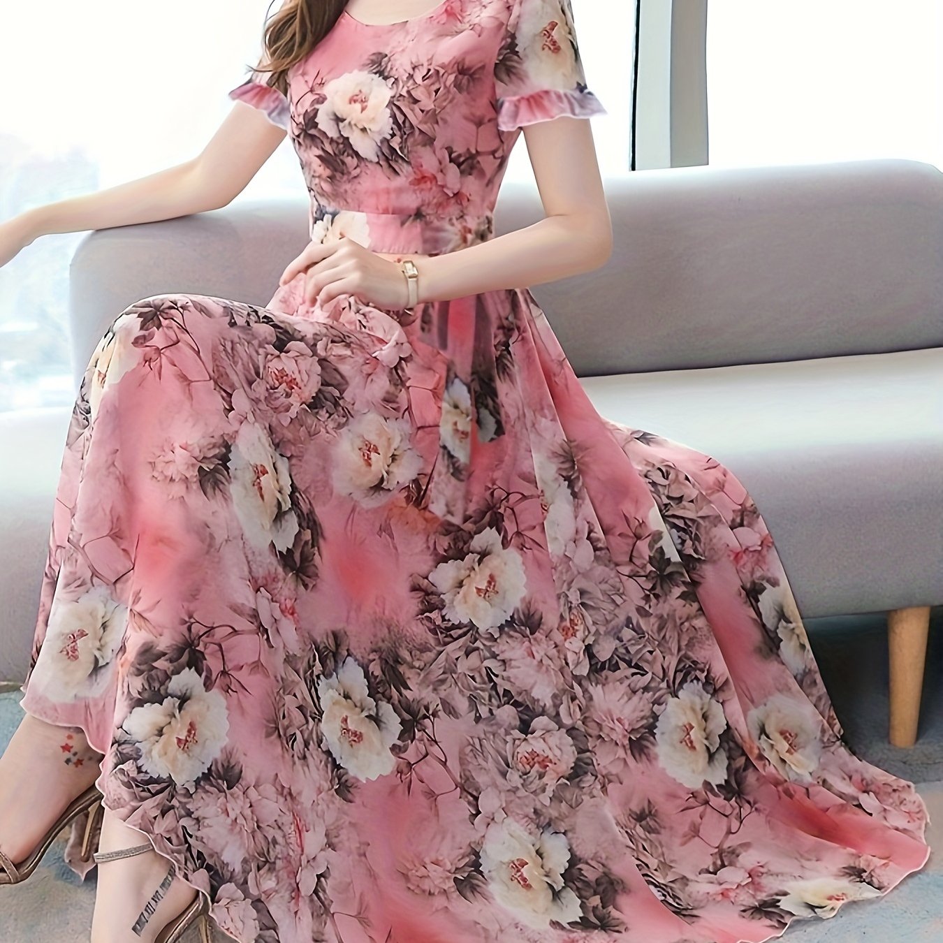 Vibrant Floral Print Crew Neck Dress - Elegant Short Sleeve, Comfortable, Breathable, Spring & Summer Essential - Women's Clothing for Chic, Elegant Dressing, Perfect for Outdoor Activities