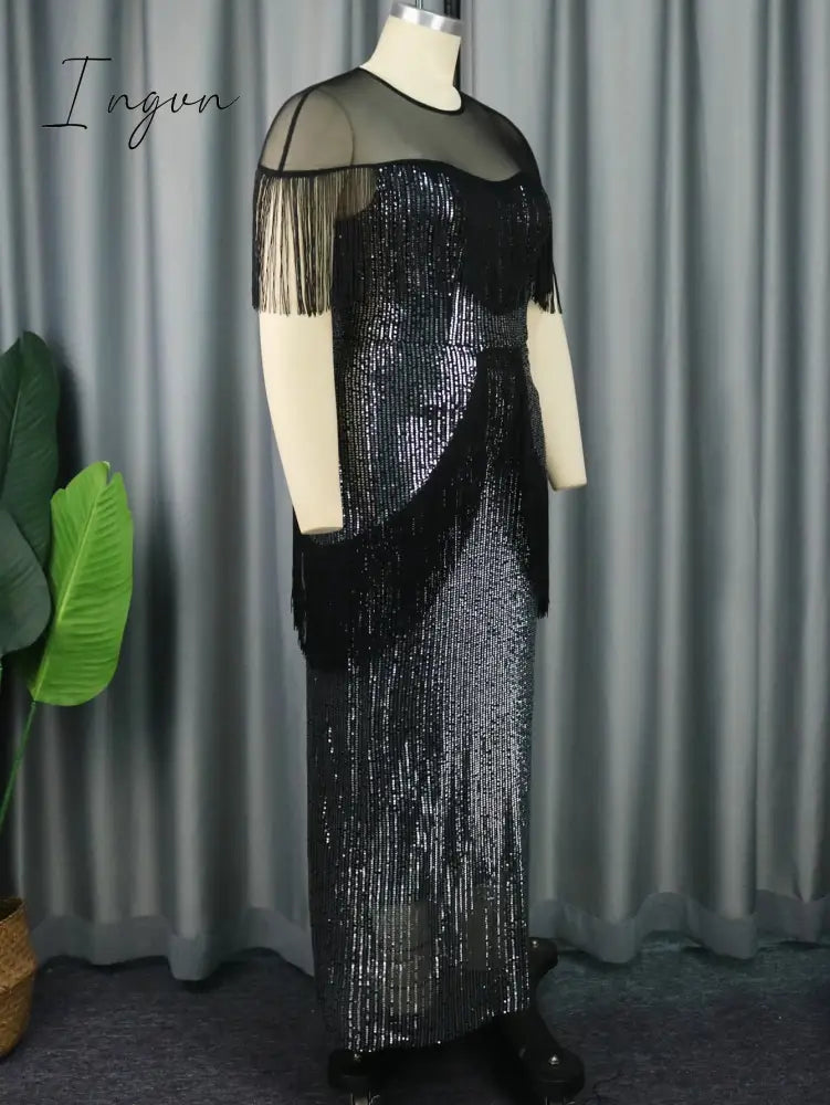 Ingvn - Elegant Dress for Women Luxury Long Black Sequin Tassel Dresses Fringe Prom 2023 Wedding Guest Formal Occasion Big Size 3XL 4XL