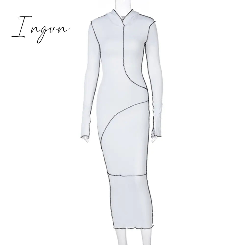 Ingvn - Long Sleeve Hooded Patchwork Skinny Maxi Dress Autumn Winter Women Fashion Streetwear Casual Outfits