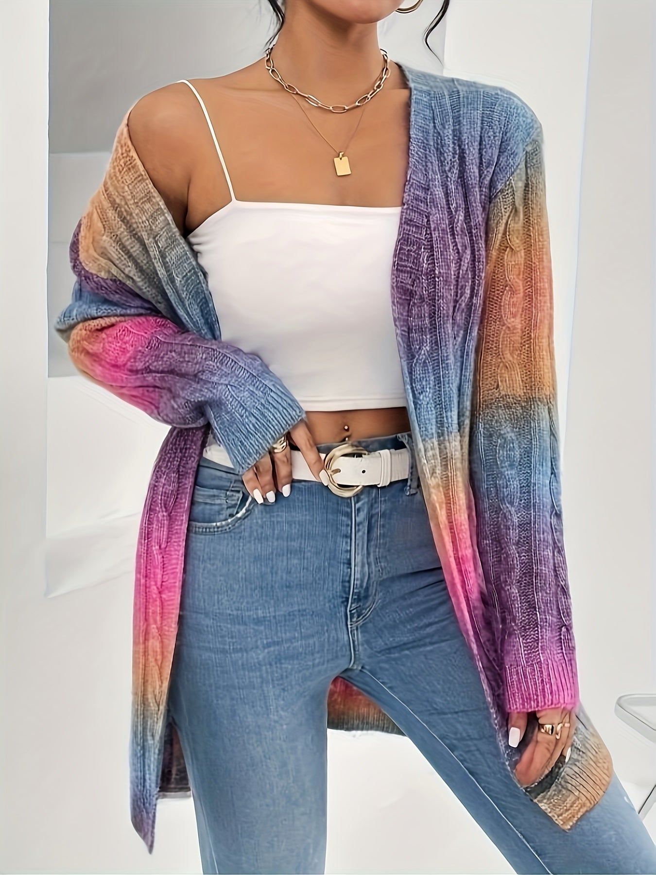 Long Sleeve Ombre Gradient Color Block Cardigan - Soft Micro Elasticity, Loose Fit, V-Neck, Raglan Sleeve, Placket Front - Perfect for Fall and Winter Seasons