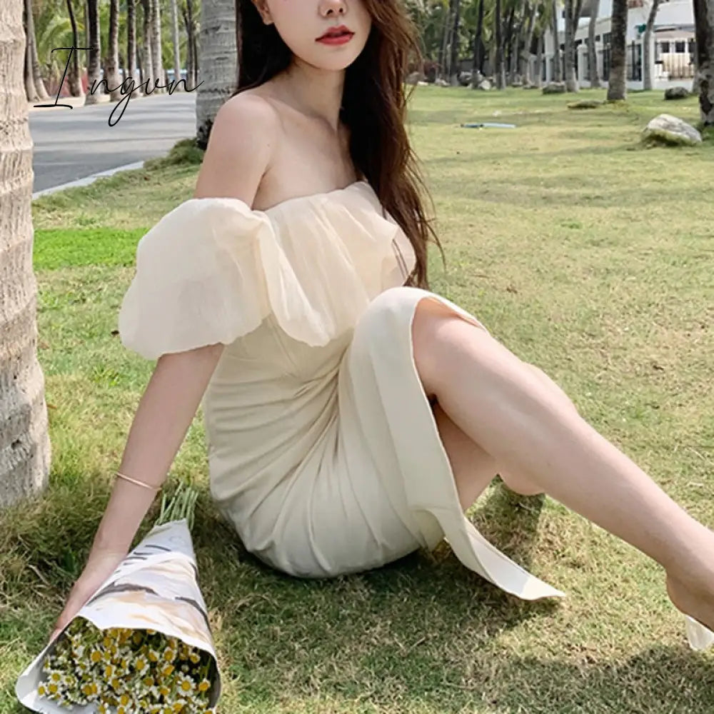Ingvn - Vinatge Elegant Apricot Dress Women Slash Neck Mesh Patchwork Puff Short Sleeve Off Shoulder Dresses Bodycon Vestido