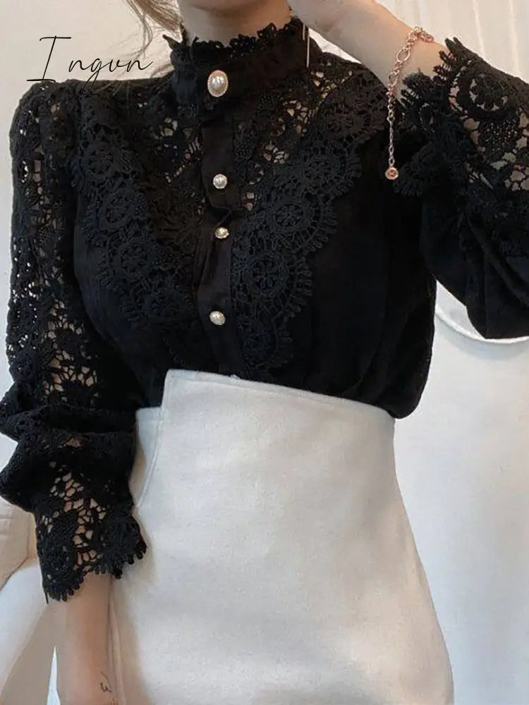 Ingvn - Elegant Women's Blouse Vintage Lace Spliced Long Sleeve Pink Button Up Woman Shirt Tops Fashion Casual Ladies Blouses Top