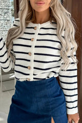 Ingvn - Elegant College Striped Buttons Contrast O Neck Outerwear