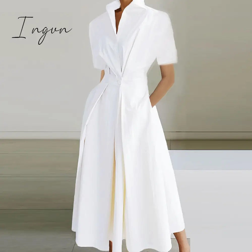 Ingvn - Vintage Abstract Print Boho Long Dress 2023 Spring Waist Buttoned Lapel Shirt Dress Women Short Sleeve A-Line Summer Beach Dress