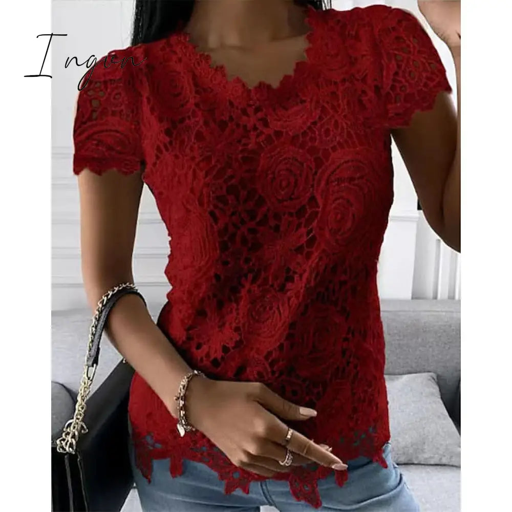 Ingvn - Women's Shirt Blouse Black White Pink Plain Lace Short Sleeve Casual Basic Round Neck