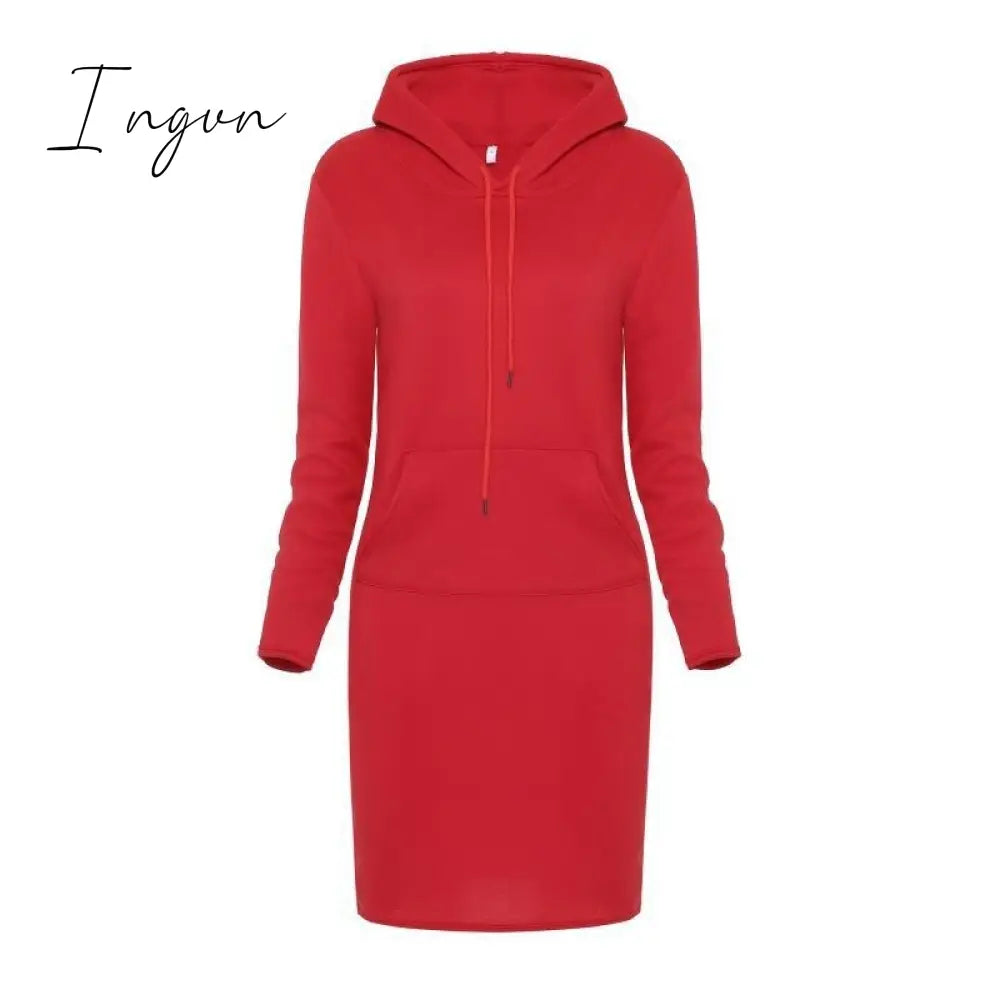 Ingvn - Autumn And Winter Hoodie Dress Elegant Long Sleeve Pocket Combining Casual Women's Midi Dresses