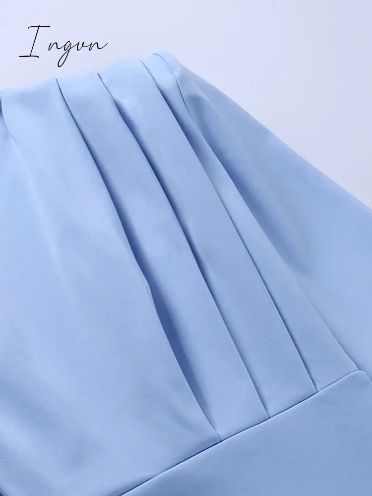 Ingvn - Elegant Women Dress Stand Collar Slim Waist Solid Blue Ankle Length Autumn Long Sleeve Casual Party Dress Fashion