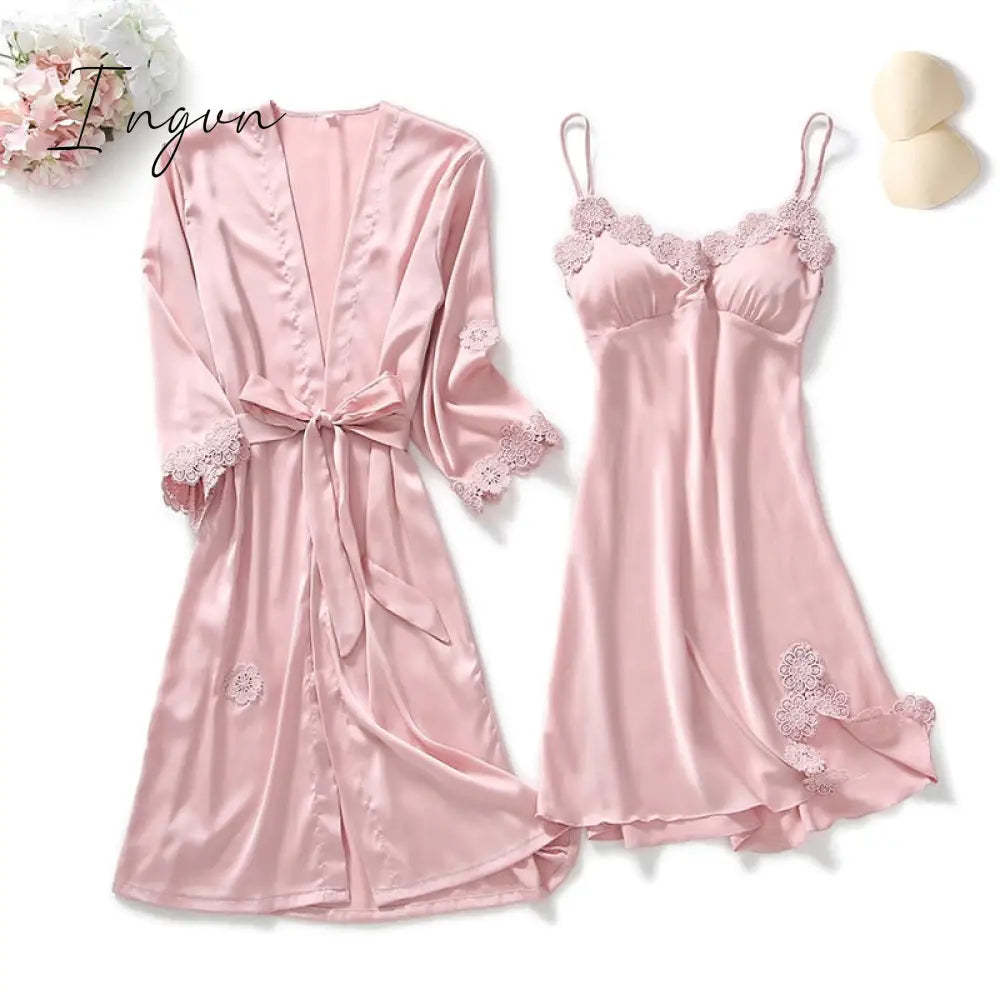 Ingvn - Yellow Robes Suit Autumn Women Nightgown Sets 2 Pieces Nightdress Bathrobe With Chest Pad Female Satin Kimono Bath Gown Sleepwea