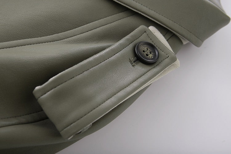 Women's Coat Spring Autumn Windbreaker Jacket Female Green Trench Quality Clothing Leather Stitching Windproof Long Ladies Cloak