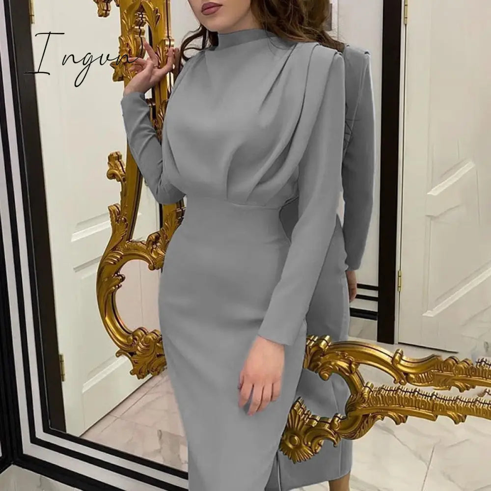 Ingvn - New Fashion Solid Party Dress Women Elegant Stand Collar Pleated Slim Long Dresses Lady Autumn Spring Casual Commute Dress