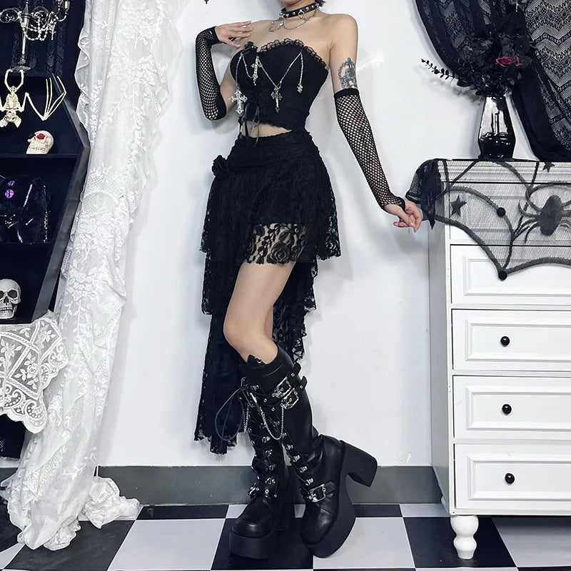 Emo Gothic Cross Chain Crop Tube Top Women's Sexy Harajuku Ruched Lace Trim Strapless E Girl Hippie Party Grunge Tops