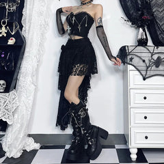 Emo Gothic Cross Chain Crop Tube Top Women's Sexy Harajuku Ruched Lace Trim Strapless E Girl Hippie Party Grunge Tops