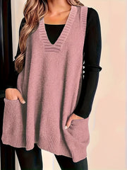 2024 Spring/Fall New Arrival V-Neck Knitted Vest with Pockets, Casual Large Size Pullover Cardigan, Solid Color, Polyester, No Bra Pad, for Casual Outings