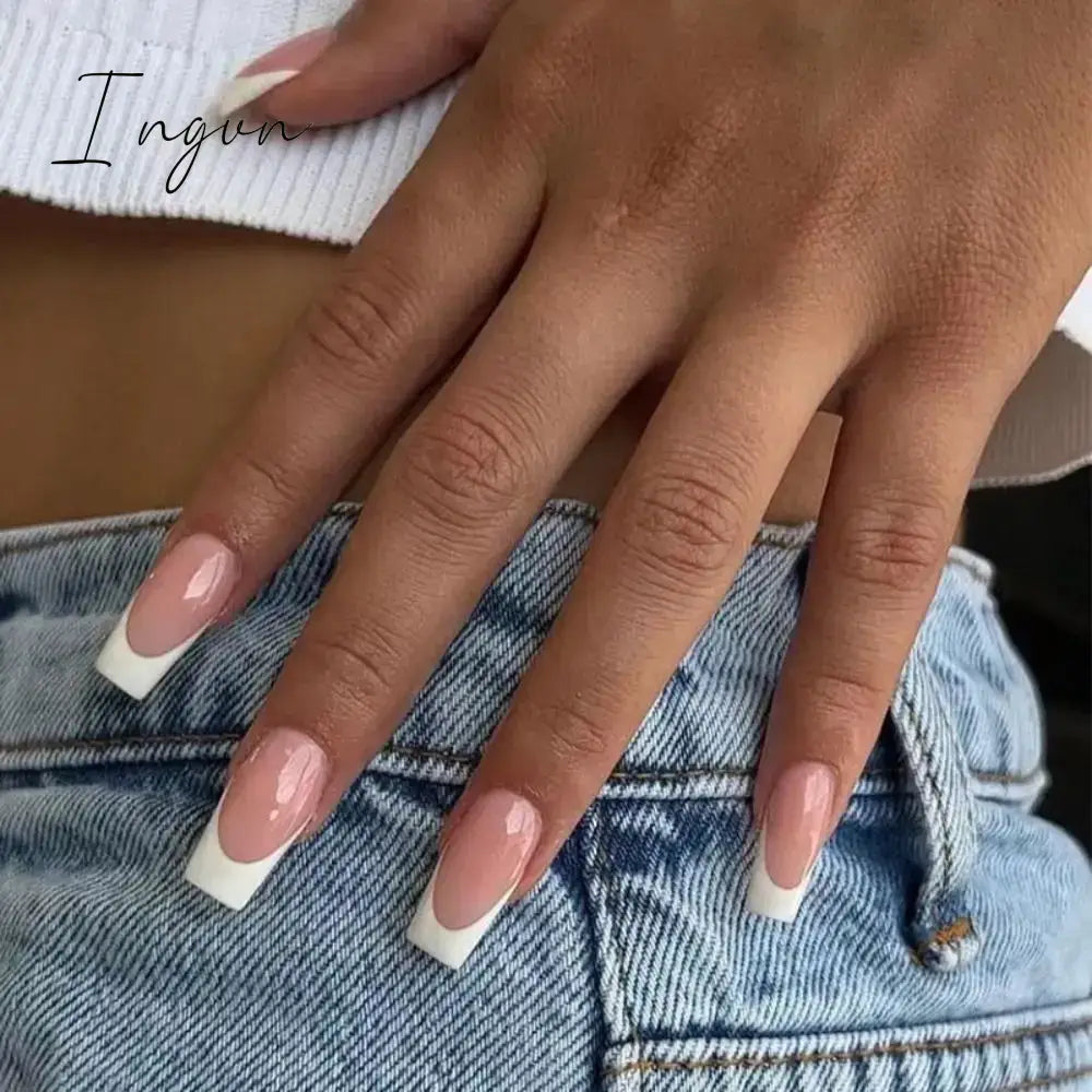 24pcs Mid-length Simple Smudged False Nails Wearable French Ballerina Fake Nails Full Cover Nail Tips Set Press On Nails