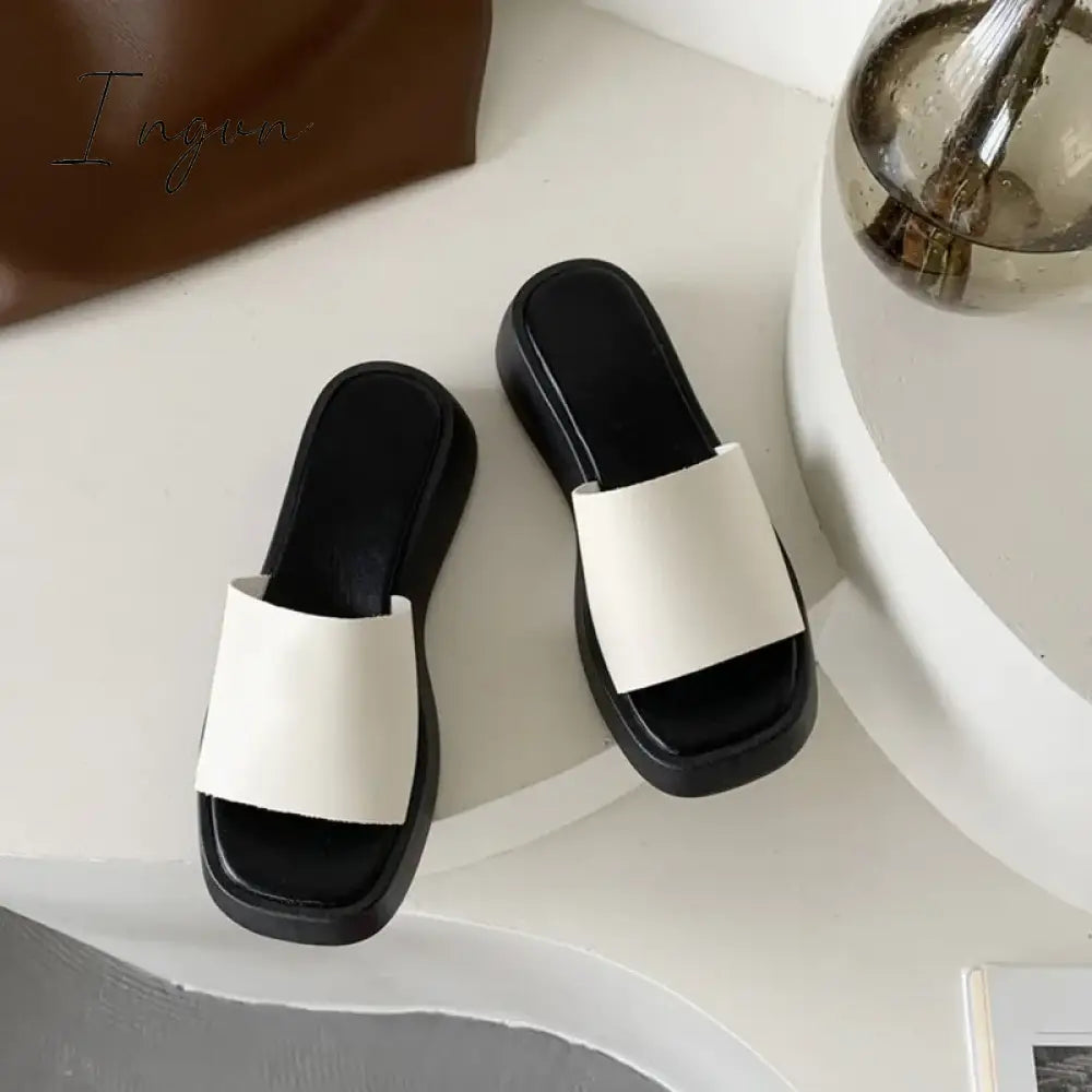 Ingvn - Slippers Women Thick Bottom Wedge Heel Outer Wear Summer New White Fashion Muffin Flat Bottom Solid Color Women's Shoes