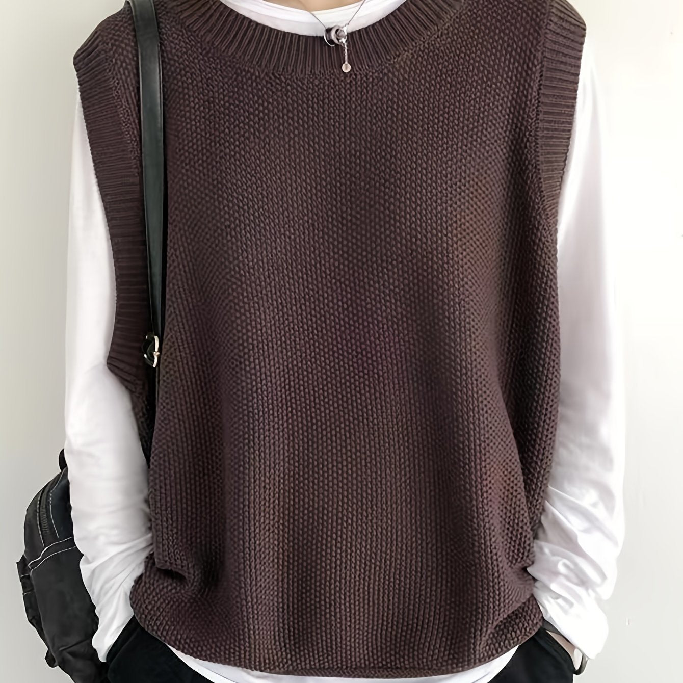 Women's Casual Solid Crew Neck Knitted Sleeveless Loose Fit Vest Sweater, Soft and Cozy Winter Clothing