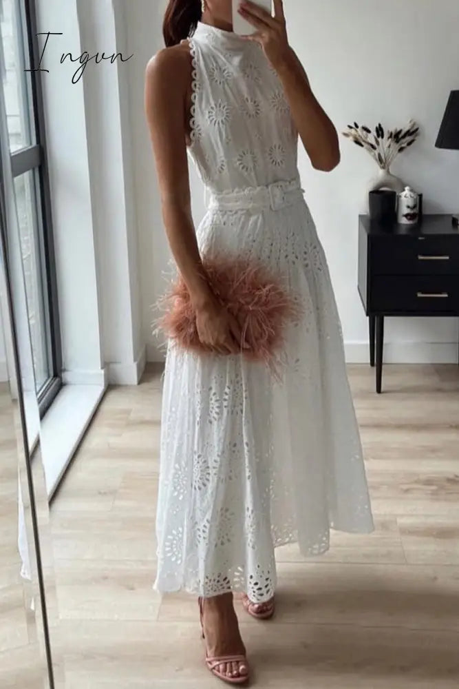 Ingvn - Elegant Solid Embroidered Hollowed Out O Neck Sleeveless Dress Dresses