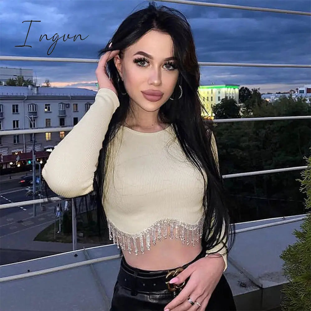 Ingvn - Loose Rhinestone Women Crop Top 2023 Spring Long Sleeve O-neck Tassel Hem Female T-shirt Casual Chic Streetwear Lady Tshirt