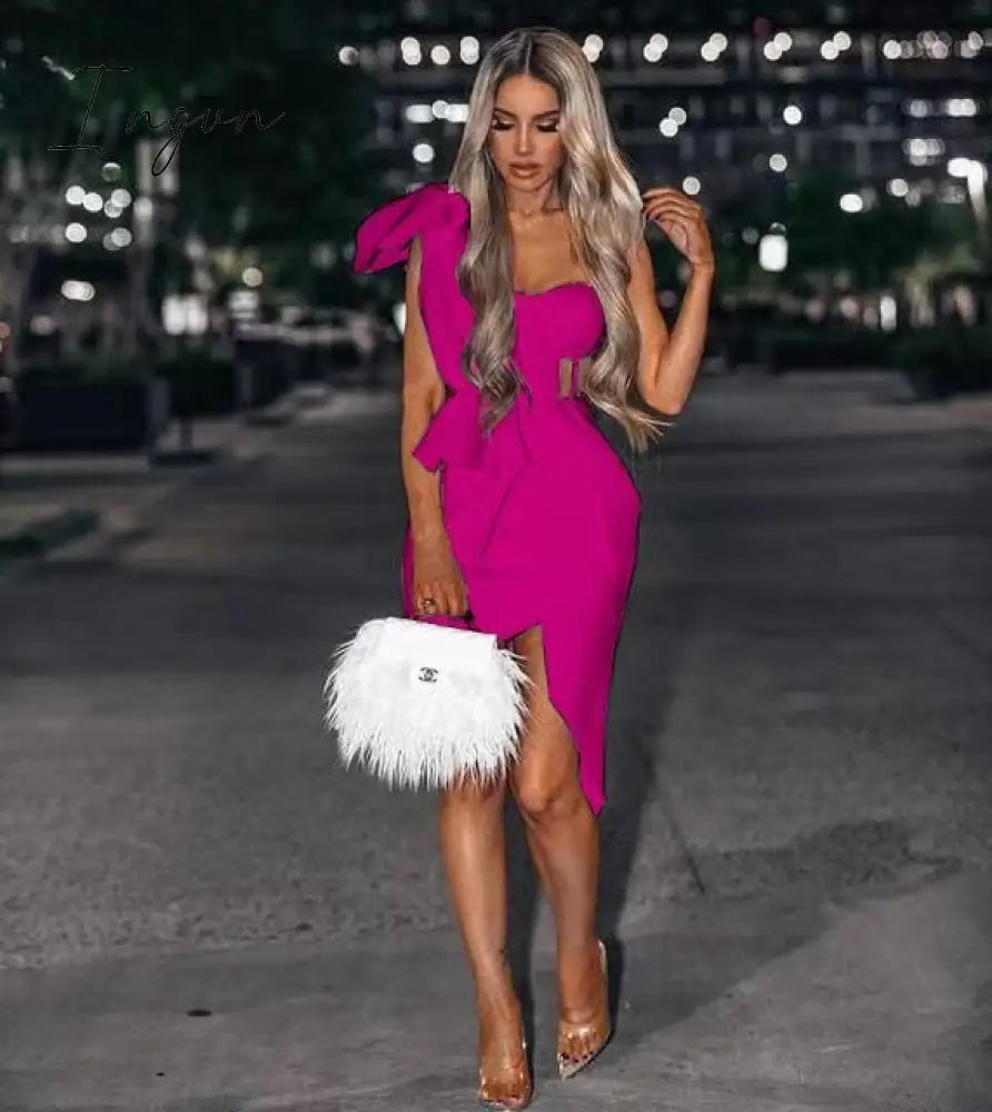Ingvn - New Summer Fashion Women Bodycon Dress One Shoulder Bow Mesh Ruffle Sleeveless Bandage Dress Celebrity Party Evening Sexy