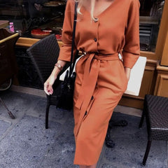 Ingvn - Sexy v Neck Autumn Long Sleeve Women Dress Ladies Sashes Button Casual Office Dress New Fashion Women Midi Dress Vintag