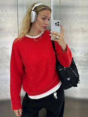 Solid Knit O-neck Elegant Women Pullover Long Sleeve Oversized Loose Soft Warm Sweater  Autumn Chic Casual Office Knitwears
