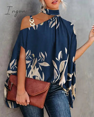 Ingvn - Women Metal Halter Hollow Out Print Top Patchwork Short Sleeve Loose Summer Blouse Femme Fashion Pullovers Casual Youth New