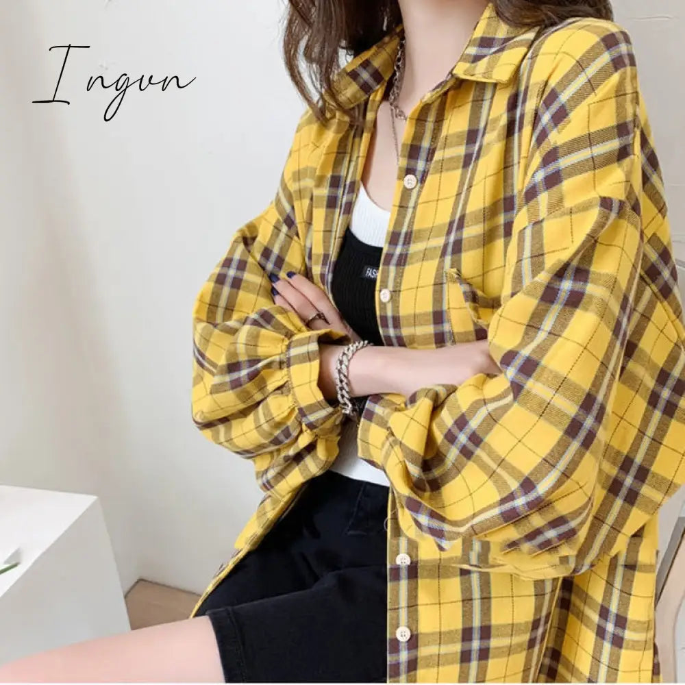 Ingvn - Fashion Plaid Women Shirt Fashion Korean Oversize Tops Harajuku Daily All-match Long Sleeve Chic Female Yellow Shirts New