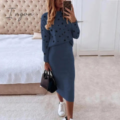 Ingvn - Women Skirts 2 Piece Set Autumn Winter Elegant Stars Print Turtleneck Sweatshirts and Slim Skirt Suits Office Lady Outfits